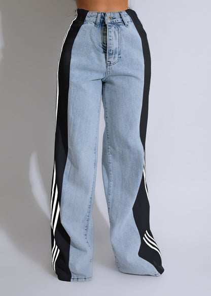 High Waist Denim Wide Led Jeans with Stripe