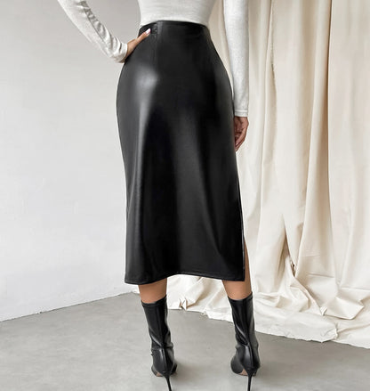 French Sheath Leather Skirt Autumn And Winter Black Slit Straight Skirt