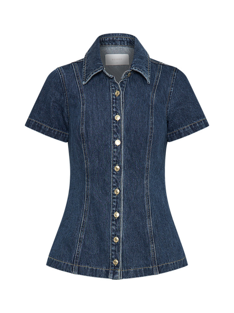 Denim Lapel Short Sleeve Top and Skirt Set