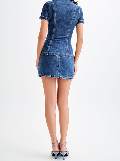 Denim Lapel Short Sleeve Top and Skirt Set