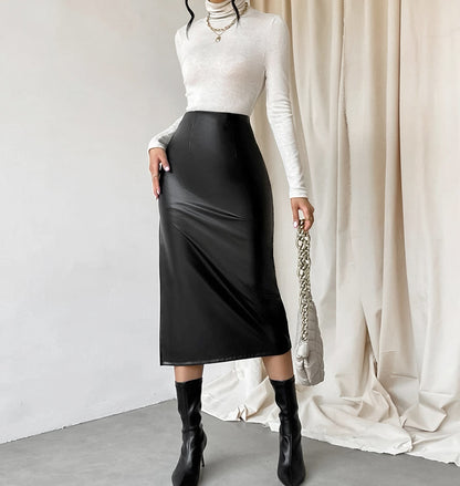 French Sheath Leather Skirt Autumn And Winter Black Slit Straight Skirt