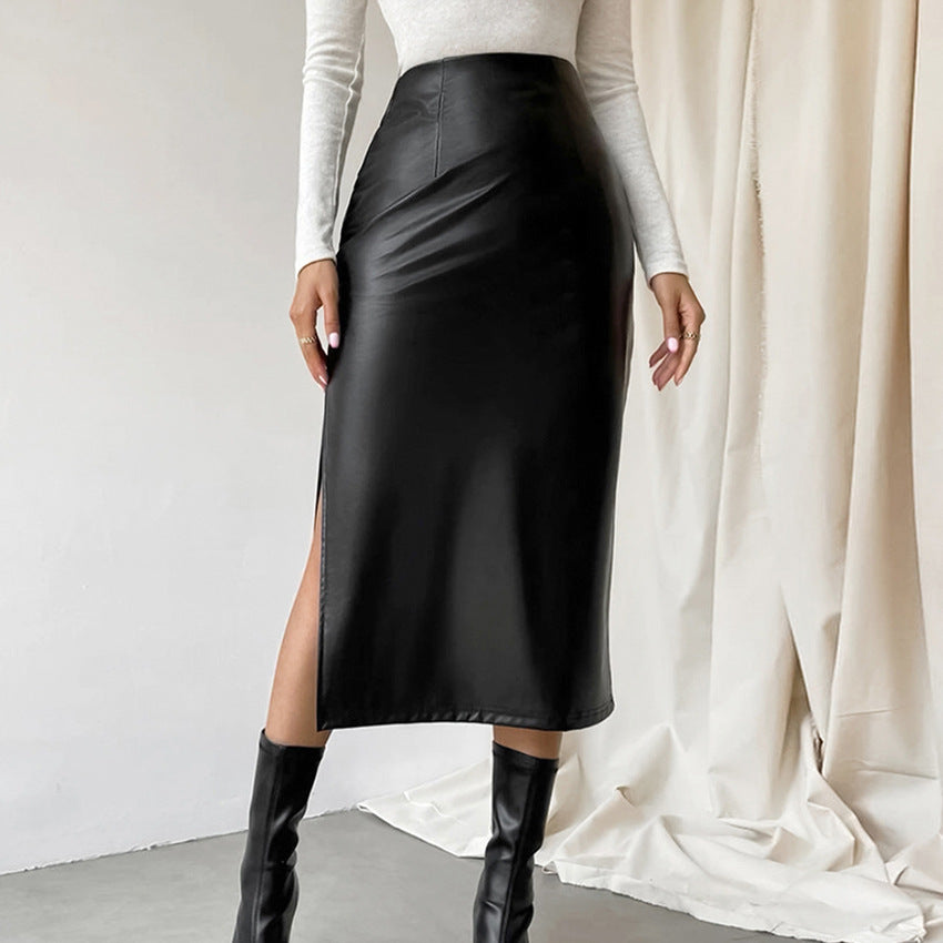 French Sheath Leather Skirt Autumn And Winter Black Slit Straight Skirt