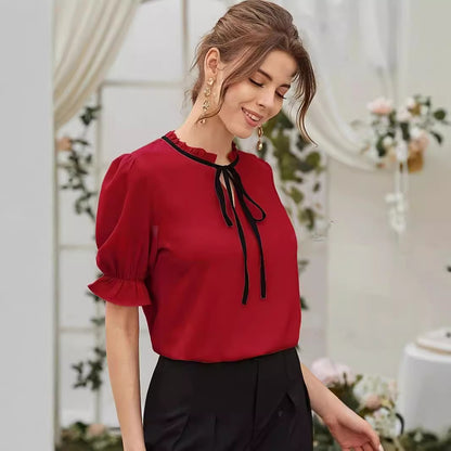 Elegant Red Blouse with Black Tie