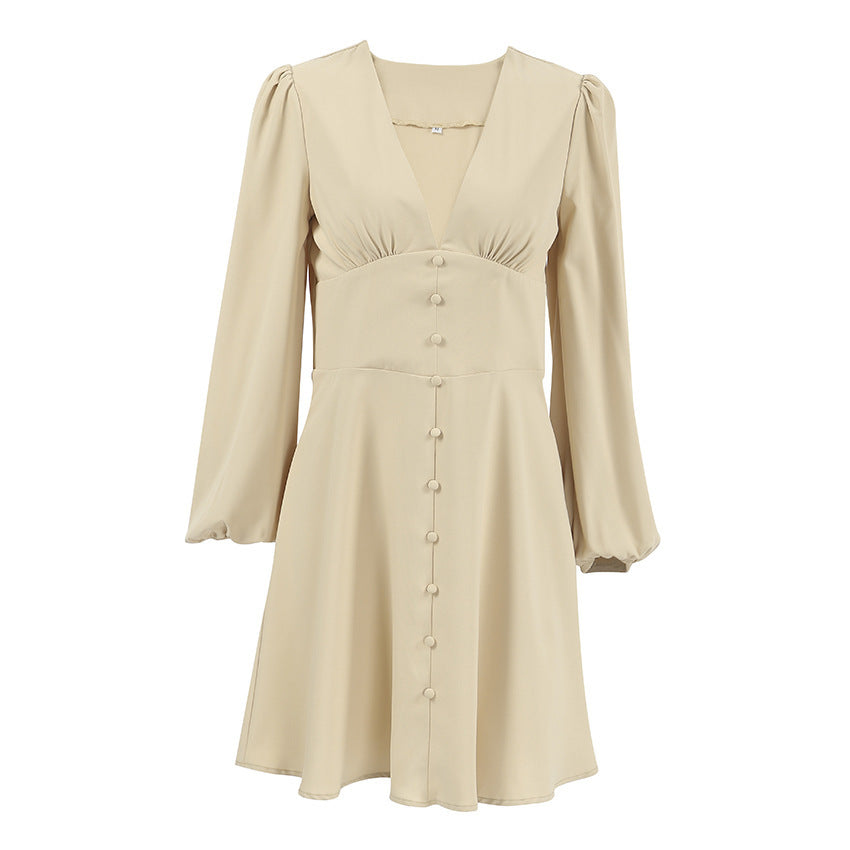 French Chiffon V-neck Long-sleeve Dress