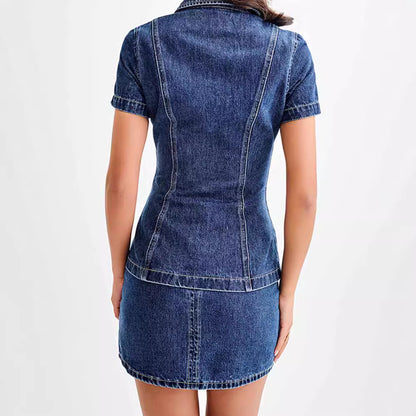 Denim Lapel Short Sleeve Top and Skirt Set