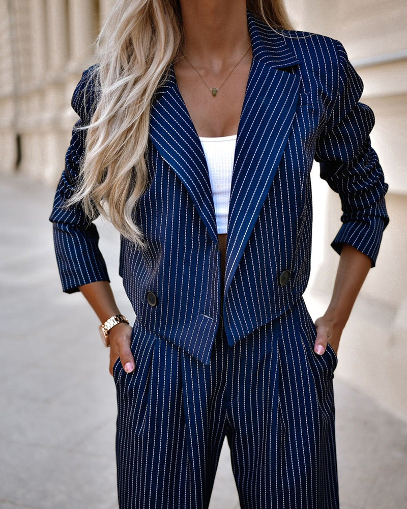 Striped Lapel Long Sleeve Cropped Jacket And Straight Leg Pant Suit