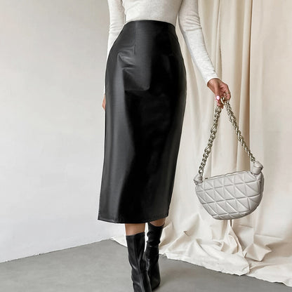 French Sheath Leather Skirt Autumn And Winter Black Slit Straight Skirt