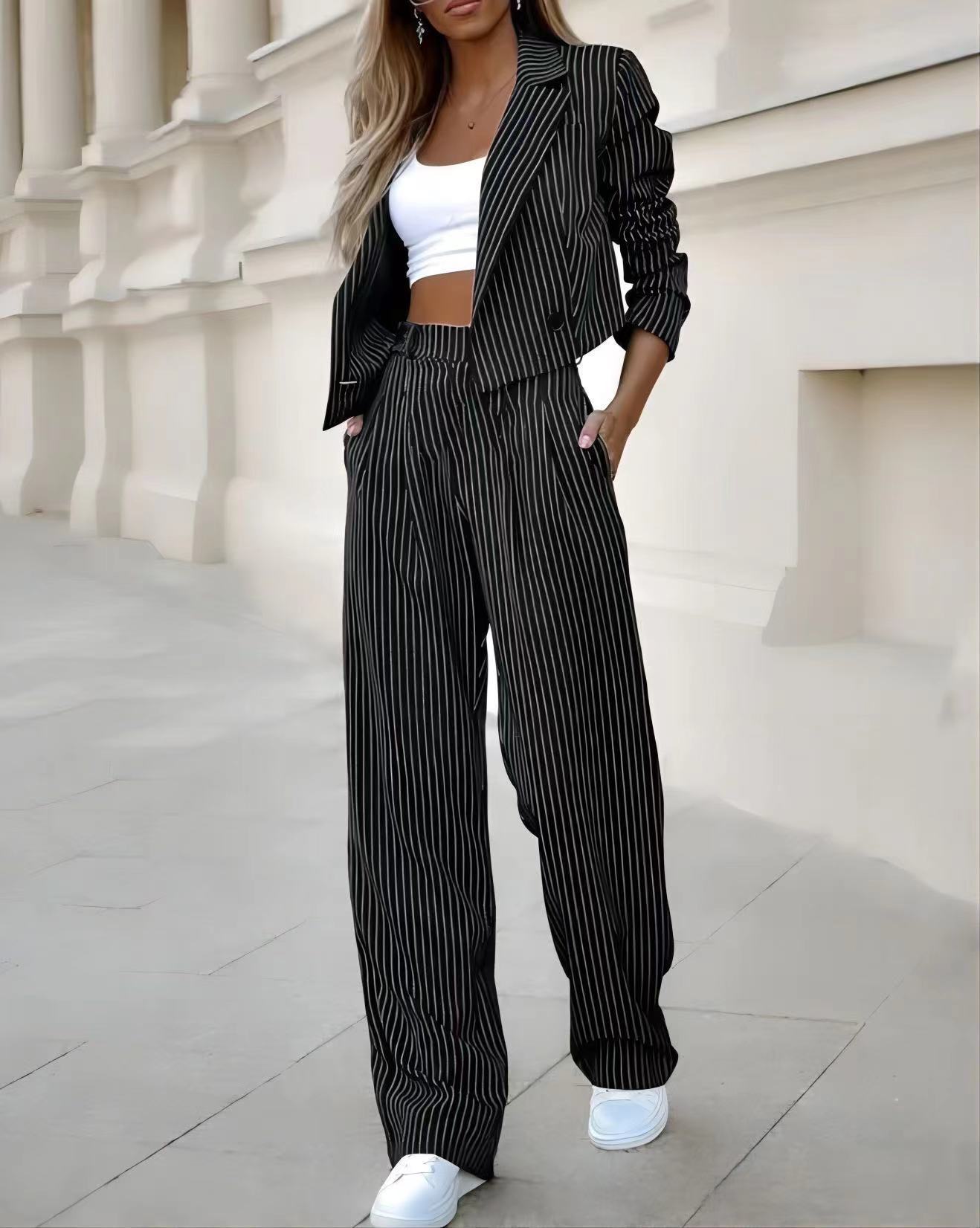 Striped Lapel Long Sleeve Cropped Jacket And Straight Leg Pant Suit