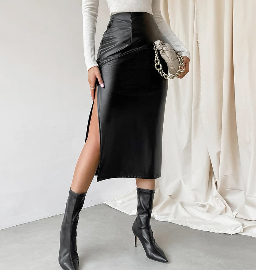 French Sheath Leather Skirt Autumn And Winter Black Slit Straight Skirt