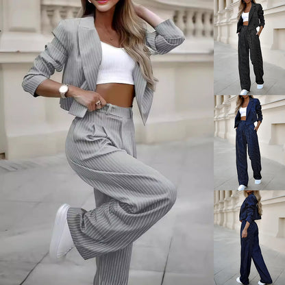 Striped Lapel Long Sleeve Cropped Jacket And Straight Leg Pant Suit