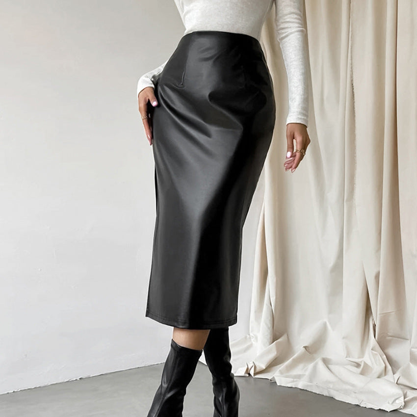 French Sheath Leather Skirt Autumn And Winter Black Slit Straight Skirt