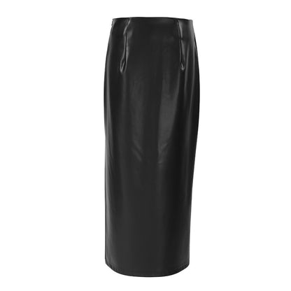 French Sheath Leather Skirt Autumn And Winter Black Slit Straight Skirt