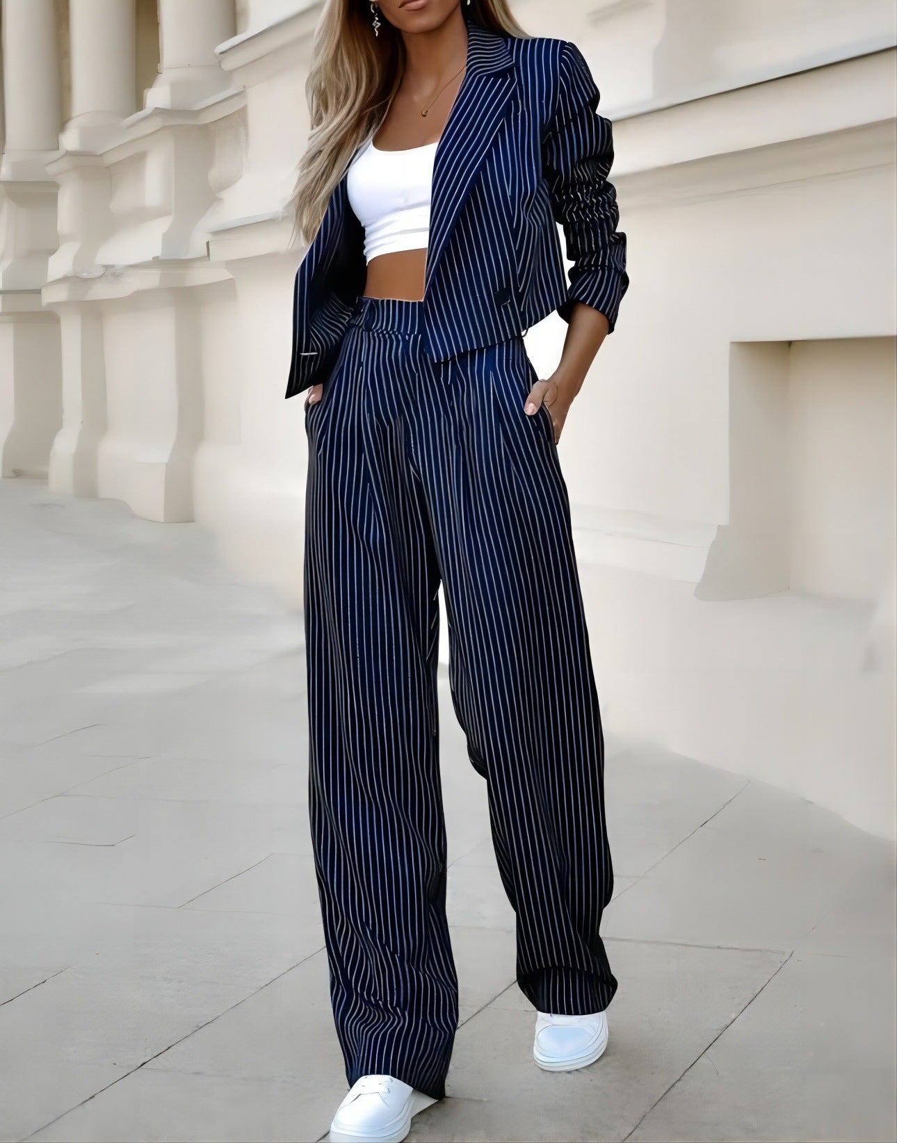 Striped Lapel Long Sleeve Cropped Jacket And Straight Leg Pant Suit