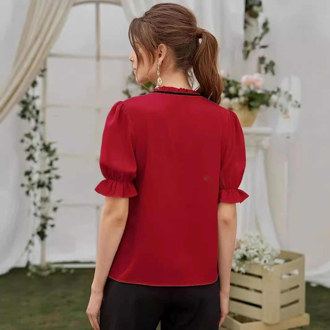 Elegant Red Blouse with Black Tie