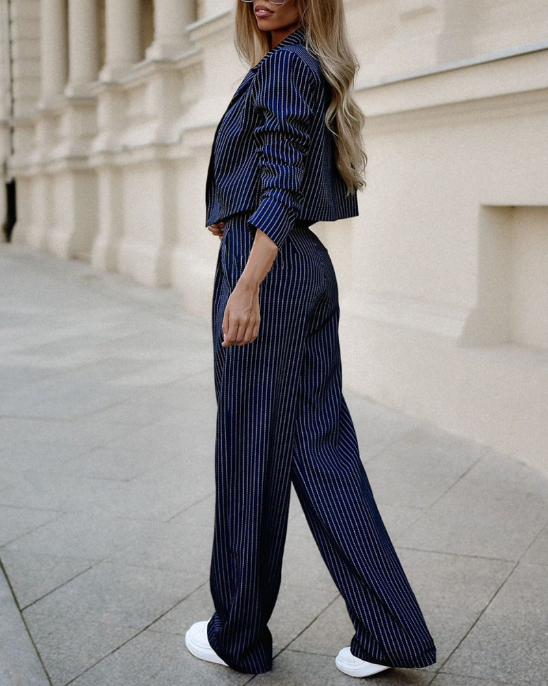 Striped Lapel Long Sleeve Cropped Jacket And Straight Leg Pant Suit