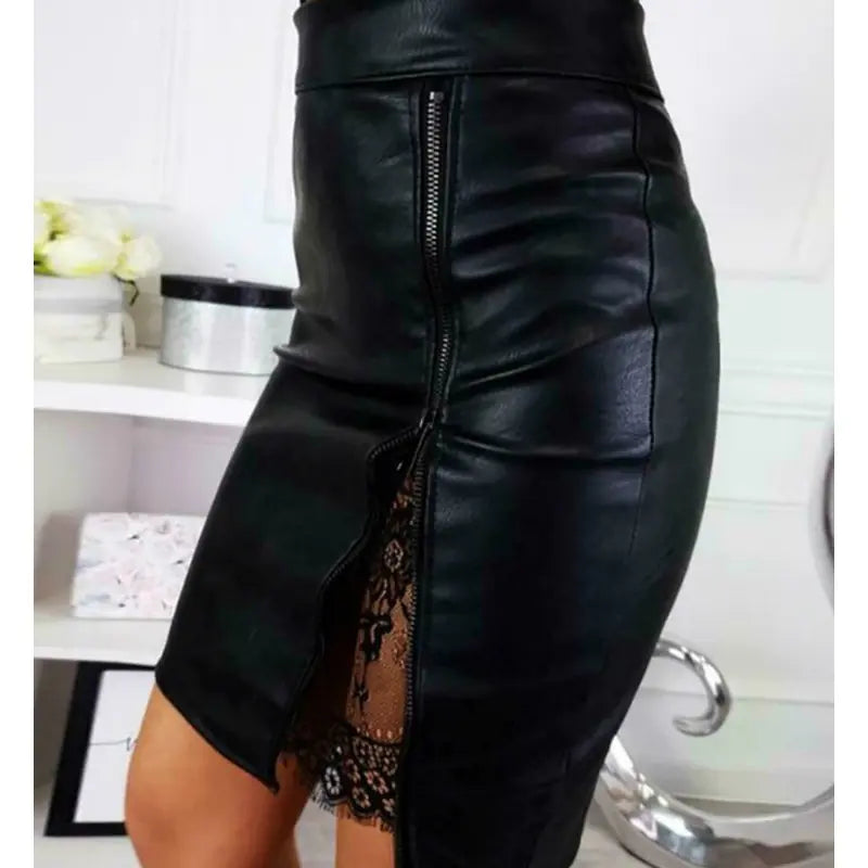 PU Leather Skirt with Lace