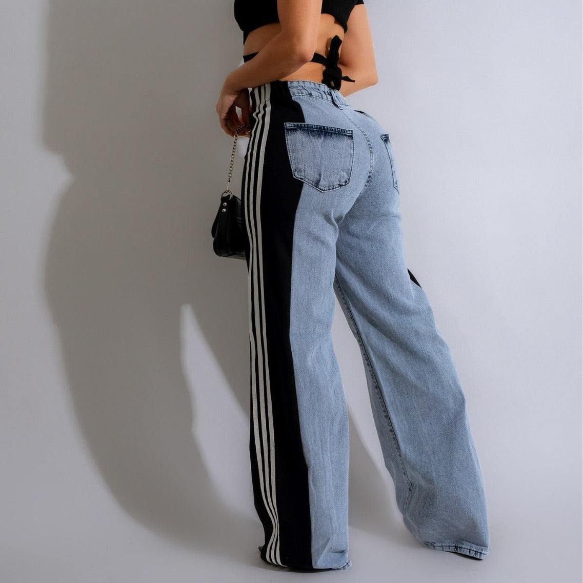 High Waist Denim Wide Led Jeans with Stripe