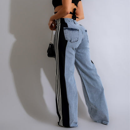 High Waist Denim Wide Led Jeans with Stripe