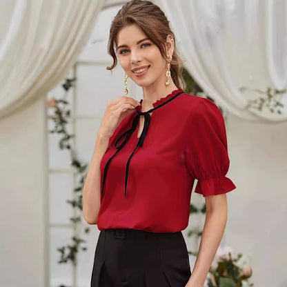 Elegant Red Blouse with Black Tie