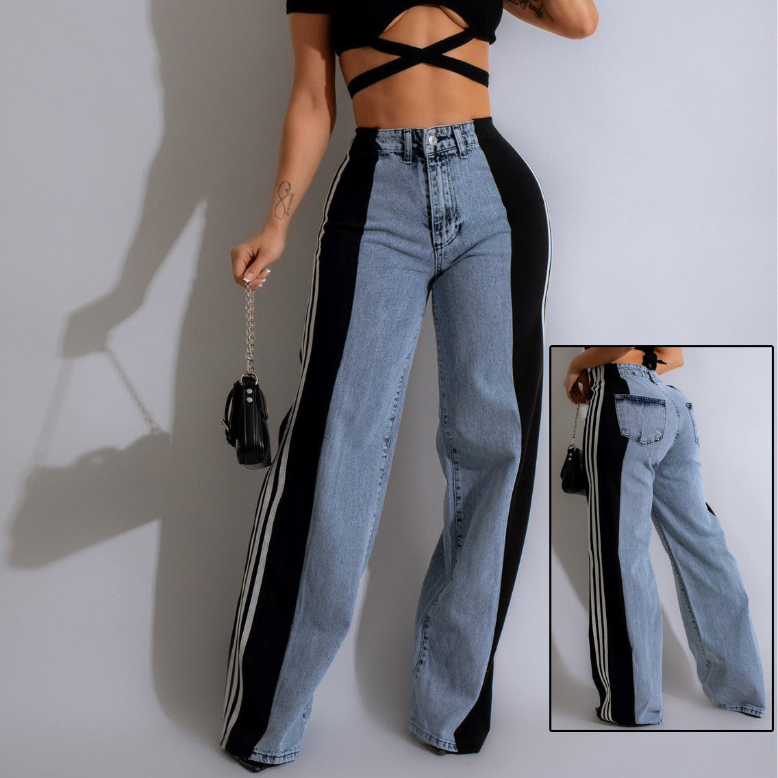 High Waist Denim Wide Led Jeans with Stripe