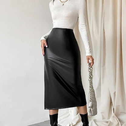 French Sheath Leather Skirt Autumn And Winter Black Slit Straight Skirt