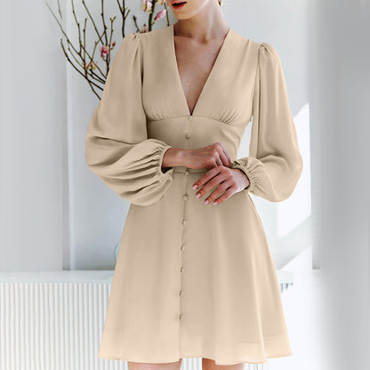 French Chiffon V-neck Long-sleeve Dress