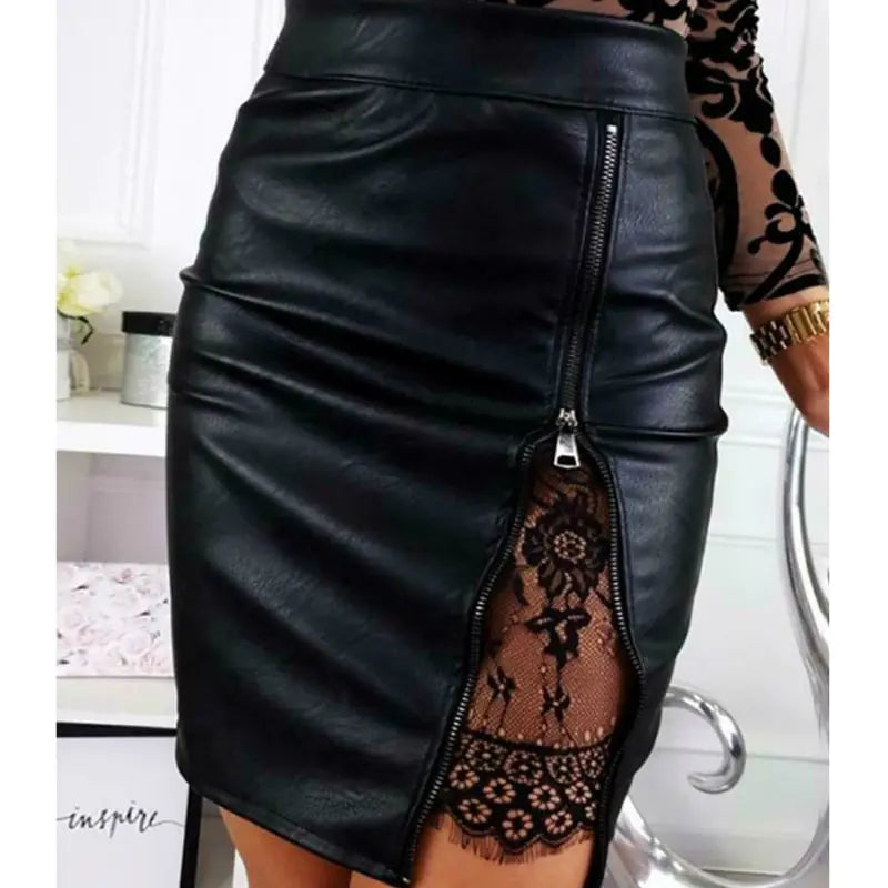 PU Leather Skirt with Lace